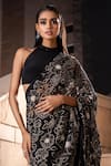 Shop_Seeaash_Black Blouse And Pre-draped Saree Crepe Embroidery Pearls Floral Jaal Set _Online_at_Aza_Fashions