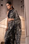 Buy_Seeaash_Black Blouse And Pre-draped Saree Crepe Embroidery Pearls Floral Jaal Set 