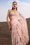 Seeaash_Pink Crepe Embroidery Floral Leaf Neck Applique Pre-draped Saree With Blouse _Online_at_Aza_Fashions