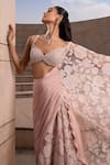 Shop_Seeaash_Pink Crepe Embroidery Floral Leaf Neck Applique Pre-draped Saree With Blouse_Online_at_Aza_Fashions