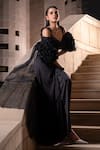 Seeaash_Black Blouse And Skirt Bamber Satin Embroidery Pearls Ruffle Cape & Draped Set _Online_at_Aza_Fashions