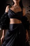 Shop_Seeaash_Black Blouse And Skirt Bamber Satin Embroidery Pearls Ruffle Cape & Draped Set_Online_at_Aza_Fashions