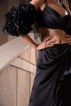 Seeaash_Black Blouse And Skirt Bamber Satin Embroidery Pearls Ruffle Cape & Draped Set_at_Aza_Fashions