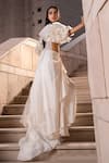 Seeaash_White Blouse And Skirt Bamber Satin Embroidery Ruffle Long Cape & Draped Set_Online_at_Aza_Fashions