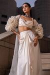 Buy_Seeaash_White Blouse And Skirt Bamber Satin Embroidery Ruffle Long Cape & Draped Set_Online_at_Aza_Fashions