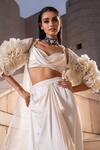 Shop_Seeaash_White Blouse And Skirt Bamber Satin Embroidery Ruffle Long Cape & Draped Set _Online_at_Aza_Fashions