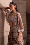 Seeaash_Brown Blouse Chikankari Jaal Embroidery Floral Applique Cape And Pant Set _Online_at_Aza_Fashions