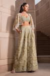 Buy_Seeaash_Green Blouse Chikankari Jaal Embroidery Pearls Blouse Floral Cape And Pant Set _at_Aza_Fashions