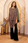 B'Infinite_Green Satin Printed Floral Round Draped Top _Online_at_Aza_Fashions