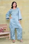 Buy_AMETHYST_Blue Pure Linen Satin Embroidery Floral Notched Neck Yoke Kurta With Pant _at_Aza_Fashions