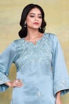 Buy_AMETHYST_Blue Pure Linen Satin Embroidery Floral Notched Neck Yoke Kurta With Pant _Online_at_Aza_Fashions