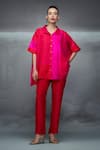 Buy_Nachiket Barve_Red Shirt Silk Collared Color Blocked Poncho Pant Set _at_Aza_Fashions