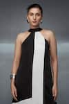 Buy_Nachiket Barve_Black Satin Halter Color Block Pattern Neck Dress _Online_at_Aza_Fashions