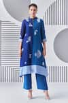 Buy_Nachiket Barve_Blue Kurta Chanderi Embroidery Thread Mandarin Collar Colorblock _at_Aza_Fashions