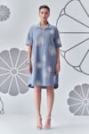 Buy_Nachiket Barve_Blue Denim Embroidery Floral Collar Flower Shirt Dress _at_Aza_Fashions