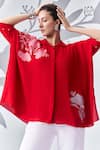 Buy_Nachiket Barve_Red Georgette Embroidered Thread Shirt Collar Floral Contrast Poncho _at_Aza_Fashions