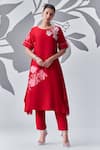 Buy_Nachiket Barve_Red Kurta Chanderi Silk Embroidered Thread Round Contrast Asymmetric _at_Aza_Fashions