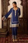 Inej_Blue Cotton Silk Embroidered Thread Round Neck Kashmiri Kurta And Pant Set _Online_at_Aza_Fashions