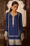 Shop_Inej_Blue Cotton Silk Embroidered Thread Round Neck Kashmiri Kurta And Pant Set 