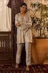 Inej_Grey Cotton Silk Embroidered Thread Round Neck Kashmiri Kurta With Pant _Online_at_Aza_Fashions