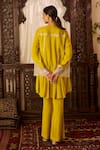 Shop_Inej_Yellow Cotton Silk Embroidered Thread Notched Neck Asymmetric Kurta With Pant _at_Aza_Fashions