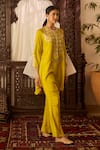 Inej_Yellow Cotton Silk Embroidered Thread Notched Neck Asymmetric Kurta With Pant _Online_at_Aza_Fashions