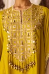 Inej_Yellow Cotton Silk Embroidered Thread Notched Neck Asymmetric Kurta With Pant _at_Aza_Fashions