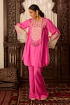 Buy_Inej_Pink Cotton Silk Embroidered Thread Notched Neck Asymmetric Kurta And Pant Set _at_Aza_Fashions