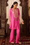 Shop_Inej_Pink Cotton Silk Embroidered Thread Notched Neck Asymmetric Kurta And Pant Set _Online_at_Aza_Fashions