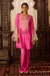 Inej_Pink Cotton Silk Embroidered Thread Notched Neck Asymmetric Kurta And Pant Set _at_Aza_Fashions