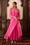 Buy_Inej_Pink Cotton Silk Embroidered Thread Round Yoke Anarkali And Pant Set _at_Aza_Fashions