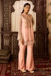 Inej_Peach Cotton Silk Embroidered Thread Band Collar Front Tunic And Pant Set _at_Aza_Fashions