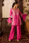 Inej_Pink Cotton Silk Embroidered Thread Scallop Yoke Tunic With Pant _Online_at_Aza_Fashions