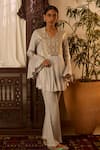 Buy_Inej_Grey Cotton Silk Embroidered Thread Scallop Yoke Tunic And Pant Set _at_Aza_Fashions