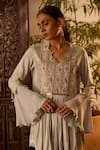 Inej_Grey Cotton Silk Embroidered Thread Scallop Yoke Tunic And Pant Set _Online_at_Aza_Fashions