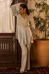 Shop_Inej_Grey Cotton Silk Embroidered Thread Scallop Yoke Tunic And Pant Set _Online_at_Aza_Fashions