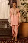 Inej_Peach Cotton Silk Embroidered Thread Round Yoke Tunic And Skirt Set _Online_at_Aza_Fashions