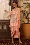 Buy_Inej_Peach Cotton Silk Embroidered Thread Round Yoke Tunic And Skirt Set _Online_at_Aza_Fashions