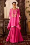 Inej_Pink Cotton Silk Embroidered Thread Round Neck Kaftan With Gharara _Online_at_Aza_Fashions