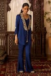 Buy_Inej_Blue Cotton Silk Embroidered Thread Jacket Lapel Collar Neck With Pant Set _Online_at_Aza_Fashions