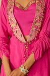 Inej_Pink Cotton Silk Embroidered Thread Jacket Lapel Collar Neck And Pant Set _Online_at_Aza_Fashions