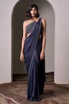 Buy_Parshya_Grey Shell Crepe Georgette Embroidery Beads Pre-draped Saree With Blouse _at_Aza_Fashions