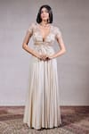 Buy_Parshya_Beige Shell Shimmer Satin Embroidery Floral Plunging V Neck Hand Gown _at_Aza_Fashions