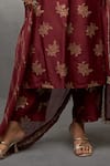 Parshya_Maroon Banarasi Woven Floral Scoop Neck Bloom Pattern Kurta Pant Set _Online_at_Aza_Fashions