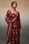 Parshya_Maroon Banarasi Woven Floral Scoop Neck Bloom Pattern Kurta Pant Set _at_Aza_Fashions