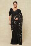 Buy_Anamika Khanna_Black Embroidered Beads V Neck Sequin Floral Saree With Blouse _at_Aza_Fashions