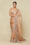 Buy_Seema Gujral_Beige Embroidered Mirror Plunged Bordered Saree With Blouse _at_Aza_Fashions