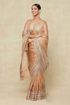 Seema Gujral_Beige Embroidered Mirror Plunged Bordered Saree With Blouse _at_Aza_Fashions