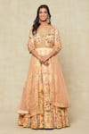 Buy_Kalista_Peach Printed Mughal Floral Plunged V Anarkali With Dupatta _at_Aza_Fashions