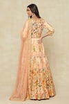 Kalista_Peach Printed Mughal Floral Plunged V Anarkali With Dupatta _Online_at_Aza_Fashions